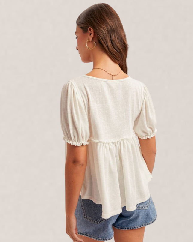 Scoop Neck Balloon Short Sleeve Babydoll Top