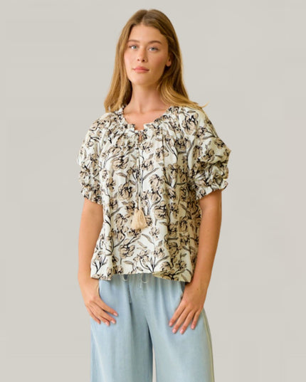 Floral Printed Tie Neck Bubble Short Sleeve Top