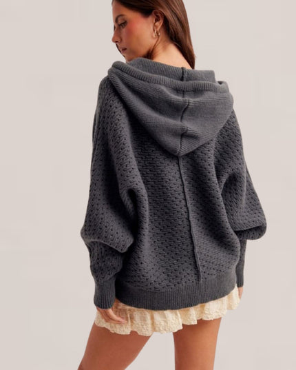 Hooded Half Button Open Knit Sweater