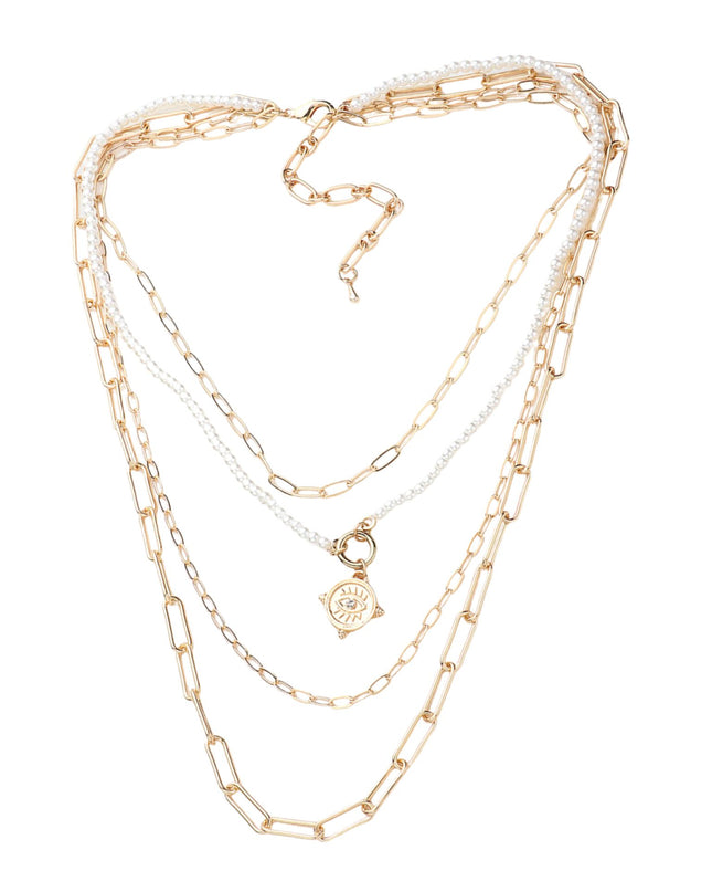 Evil Eye Pearl Multi Layered Chain Necklace