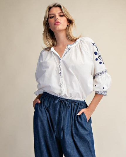 Embroidered Detail 3/4 Sleeve Top