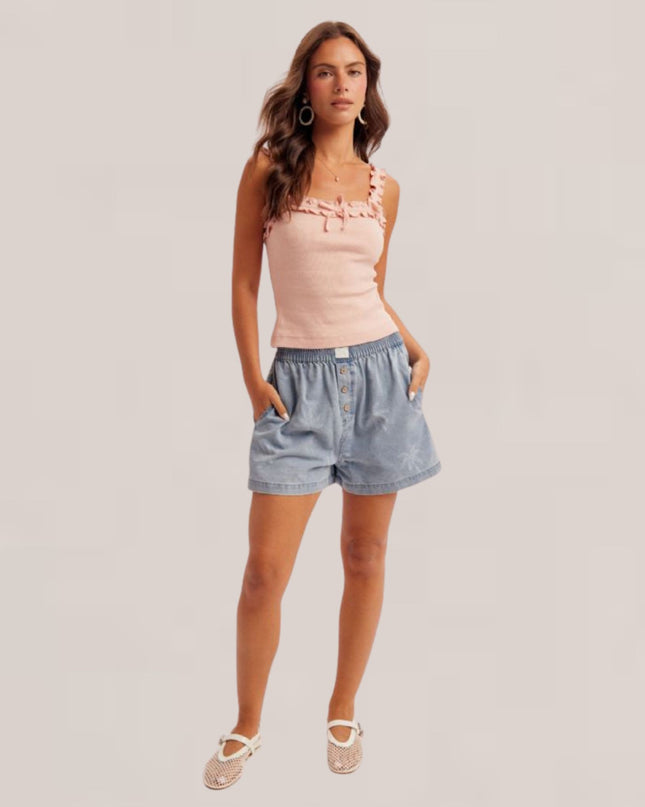 Palm Tree Printed Elastic Waist Denim Shorts