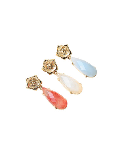 Gold Metal Flower Long Crystal Teardrop Earrings