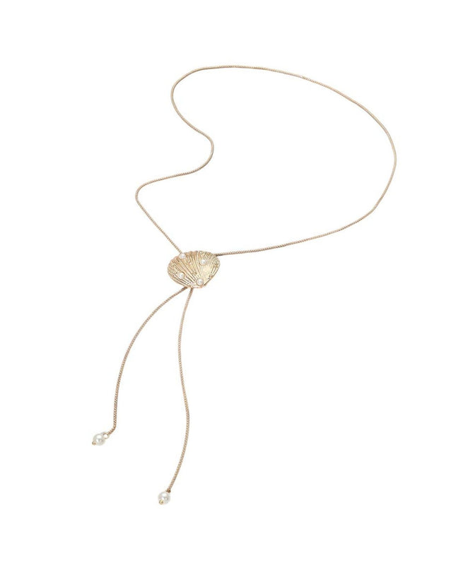 Pearl Embellished Shell Pendant Accent Adjustable Sliding Bolo Long Necklace
