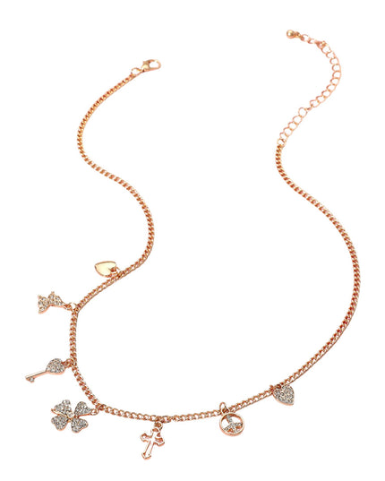 Clover Heart Cross Key Charm Station Necklace