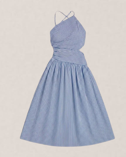 Striped Asymmetrical Cut Tie Back Midi Dress