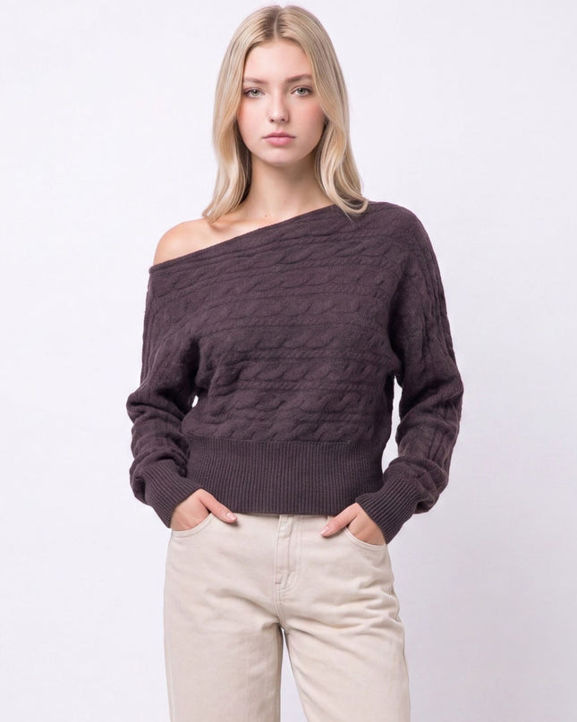Asymmetric Cable Knit Off Shoulder Sweater