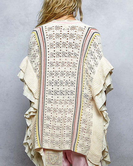 Vertical Strip Loose Knit Ruffle Sleeveless Open Cardigan Sweater