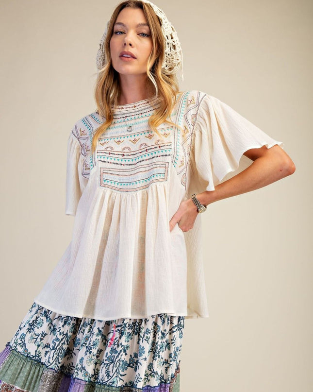 Wing Sleeve Embroidery Gauze Baby Doll Tunic Top