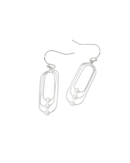 Pearl Accent Geometric Oval Triple Layered Drop Earrings