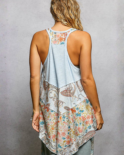 Round Neck Half Button Placket Floral V Shape Bottom Racerback Top