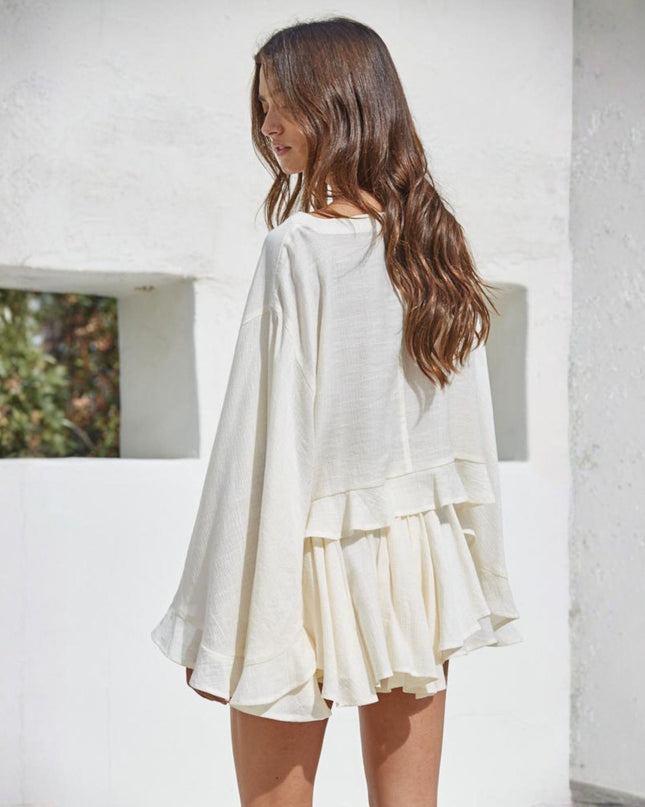 Hardey Slit Back Wide Long Sleeve Ruffle Top