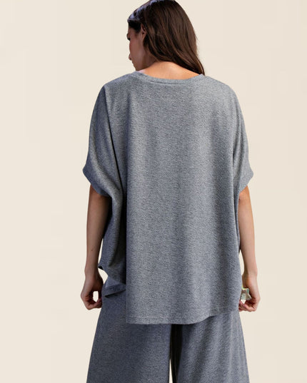 Drop Shoulder Textured Short Sleeve Oversized Top