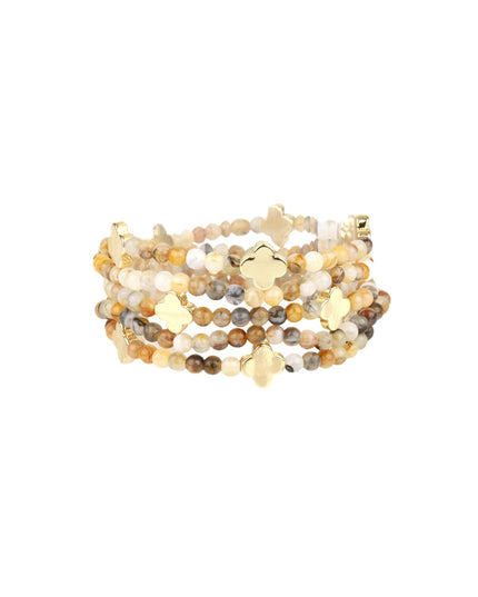 Marble Beaded Gold Clover Stretchable 5 Bracelet Set