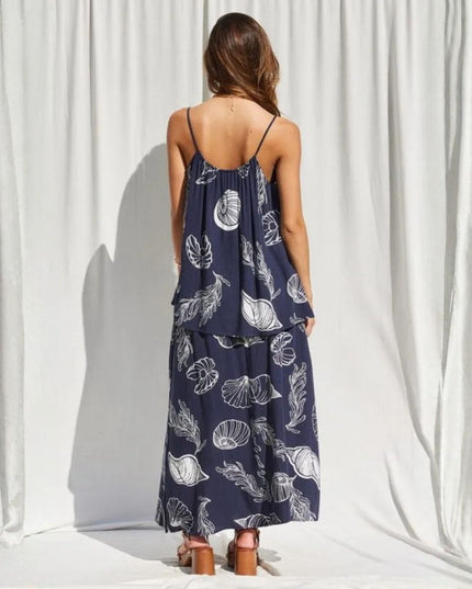 Smocked Waist Seashell Printed Maxi Skirt