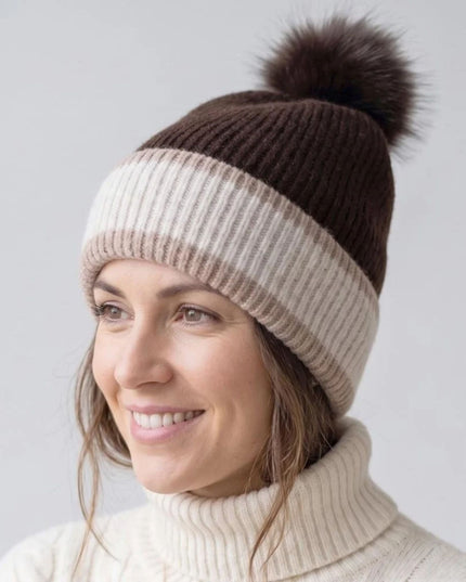 Ribbed Tri-Color Fleeced Faux Fur Pom Pom Winter Beanie Hat