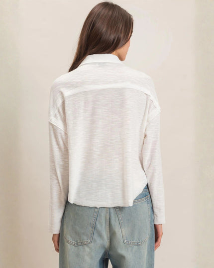 Patch Pockets Textured Button Up Collared Top