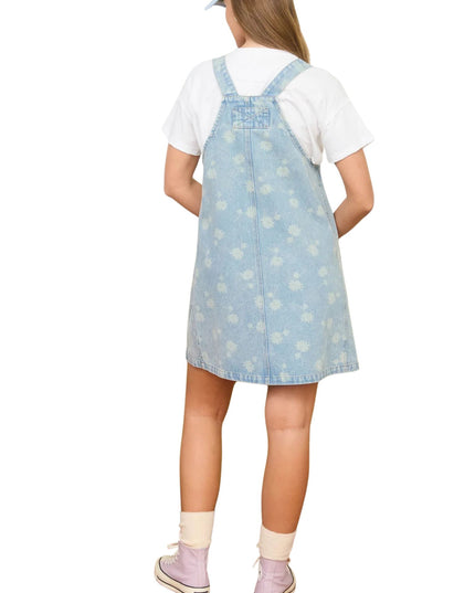 Dandelion Pattern Washed Denim Overall Mini Dress