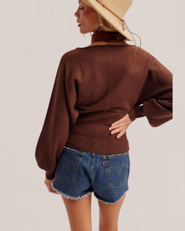 Fitted Bodice Boat Neck Dolman Sleeve Sweater