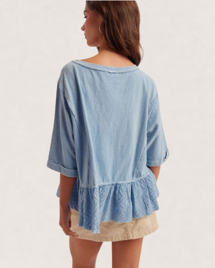 Lace Ruffle Loose Fit Short Sleeve Top