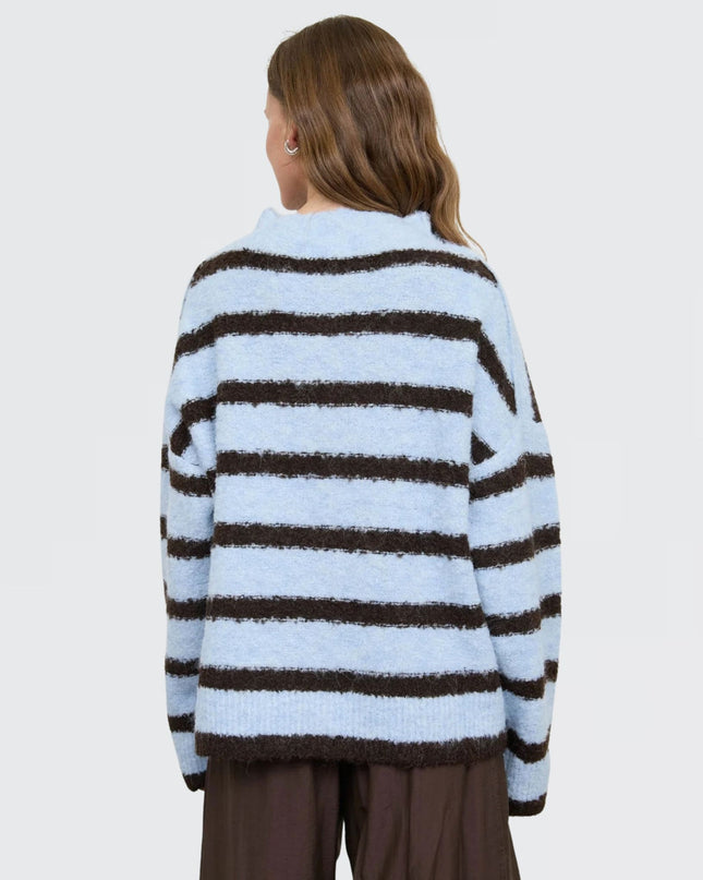 Stripe Mock Neck Button Down Fuzzy Cardigan Sweater