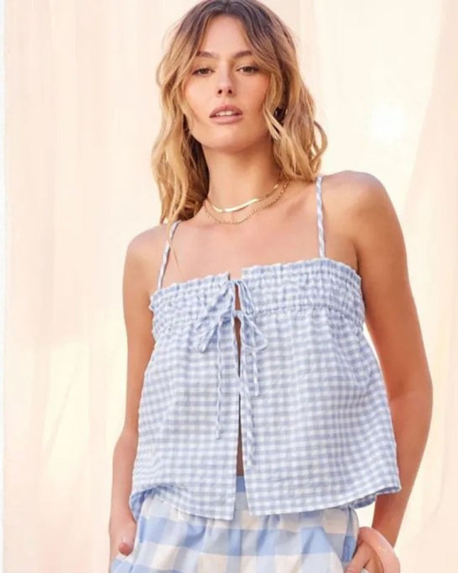 Gingham Tie Front Spaghetti Strap Top