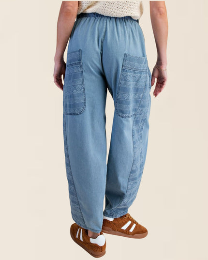 Tribal Pattern Patch Pockets Side Panel Elastic Tie Waist Denim Barrel Pants