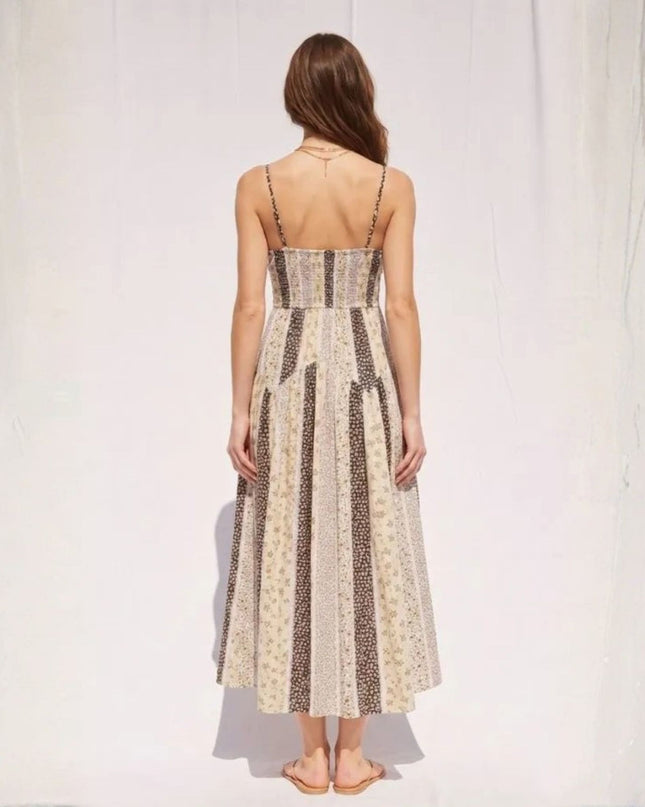 Floral Contrast Patchwork Spaghetti Strap Midi Dress