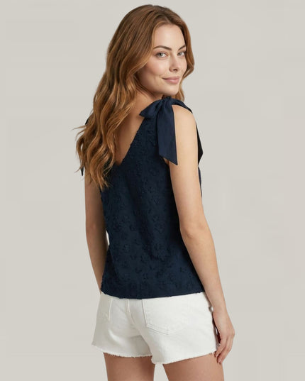 Tie Ribbon Shoulder Textured Tonal Floral V Neck Top