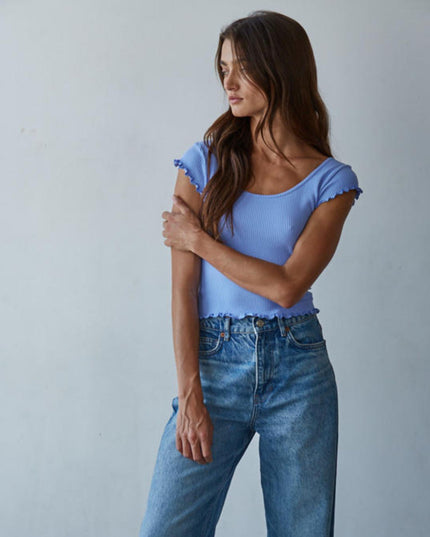 Merrow Ruffle Edge Ribbed Cap Sleeve Crop Top