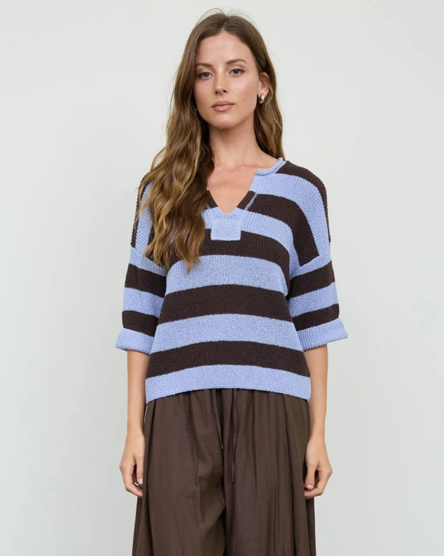 Wide Stripe Raw Split Neck Short Sleeve Sweater