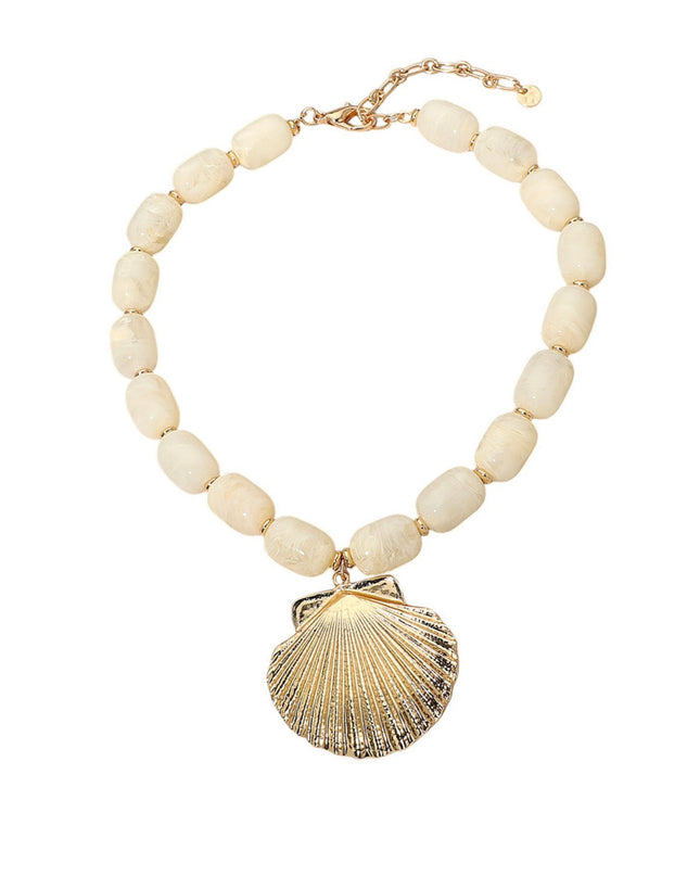 Textured Seashell Pendant Resin Pebble Bead Gold Metal Necklace