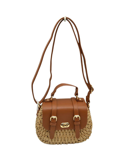 Square Double Buckle Vegan Leather Closure Straw Shoulder Bag