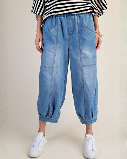 Elastic Waist Banded Bottom Washed Denim Pants