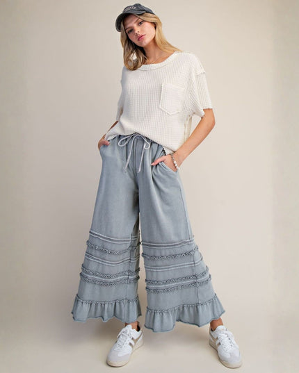 Tiered Ruffle Hem Elastic Drawstring Waist Wide Leg Pants