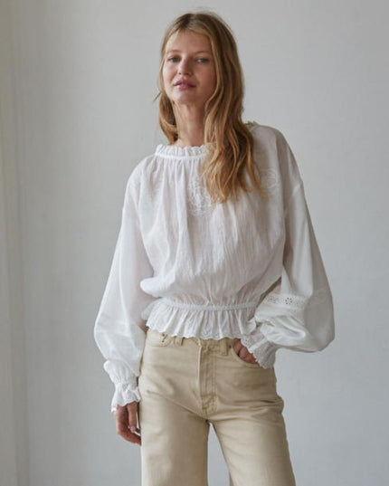 Jocelyn Embroidered Eyelet Trim Smocked Waist Long Sleeve Top