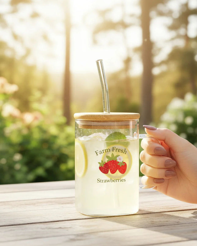 Farm Fresh Strawberries Square Glass Cup With Lid 20 oz