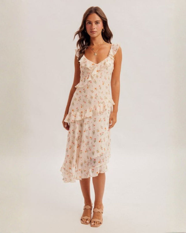 Floral Print Clip Dot Chiffon Asymmetrical Midi Dress