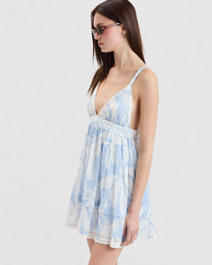 Leaf Print Eyelet Tie Back Lace Trim Swing Mini Dress