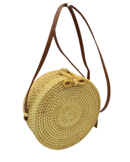 Solid Bow Closure Round Rattan Bag