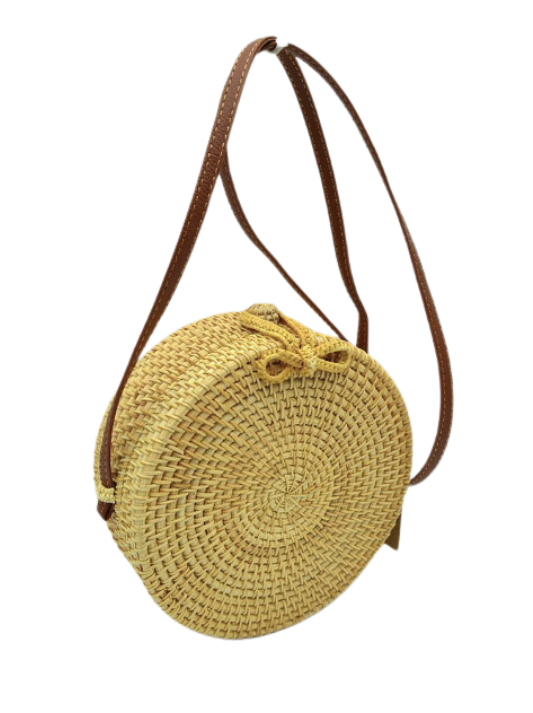 Solid Bow Closure Round Rattan Bag