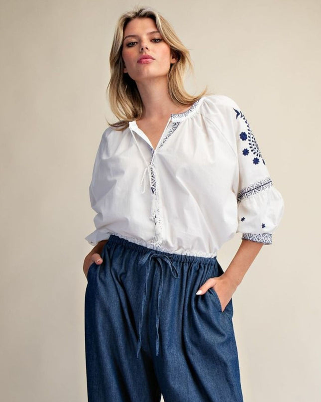 Embroidered Detail 3/4 Sleeve Top