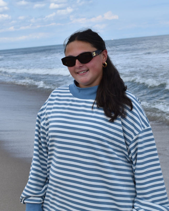 Striped Mock Neck Sunshine Daydream Sleeve Patch Logo Lightweight Terry Sweatshirt Dusty Blue