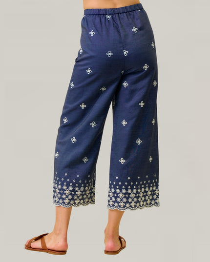Scallop Embroidered Back Elastic Waist Chambray Pants