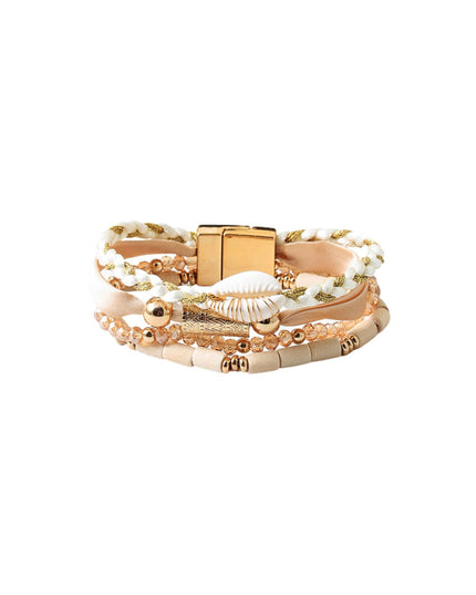 Gold Threaded Puka Shell Ribbon Braided Beaded Magnetic Bracelet