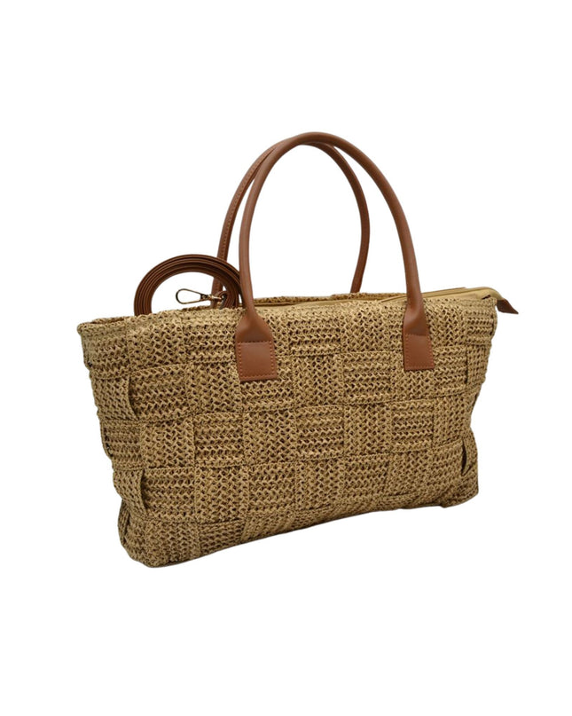 Rectangle Straw Wide Weave Vegan Handle Shoulder Bag