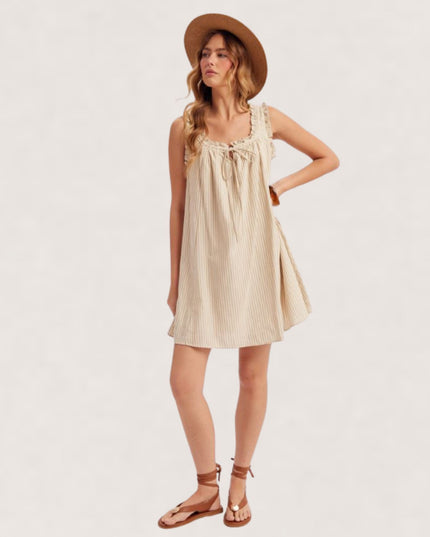 Lace Trim Ribbon Detail Striped Sleeveless Babydoll Mini Dress