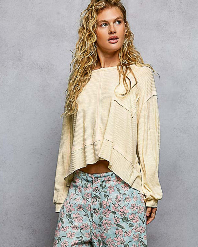 Round Neck Chest Pocket Long Sleeve Top