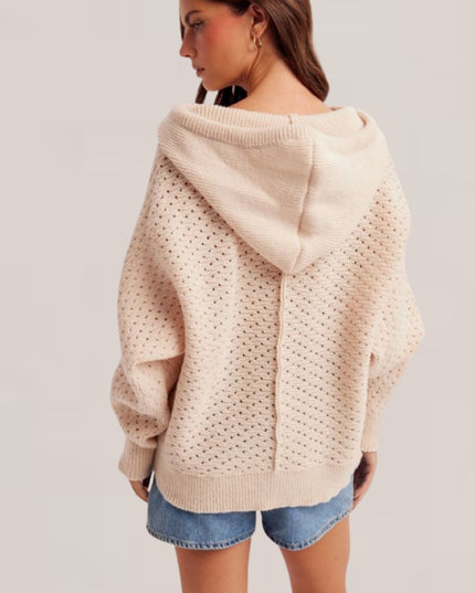 Hooded Half Button Open Knit Sweater