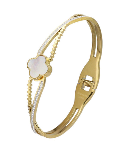 Mother Of Pearl Quatrefoil Clover Hinged Bangle Bracelet
